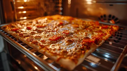 Foto op Plexiglas Tasty homemade squared pizza cooking in a tray in an oven at home © Delques
