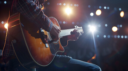 Guitarist strumming an acoustic guitar on stage, famous guitar player concept image - obrazy, fototapety, plakaty