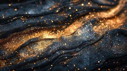 Elegant Golden Glitter on Flowing Dark Fabric Background - Perfect for Luxury Design Concepts and...