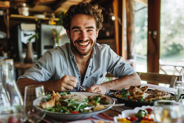Happy smiling young man eating a food in a rustic style dinner - obrazy, fototapety, plakaty