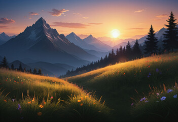 mountain meadow in evening