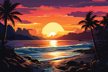 sunset over the sea. Big waves. Bright warm colors. Morning or evening. The beauty of the sea. Seascape, work of art. Vector illustration design.  Beach Landscape. View on the beach at sunset.       
