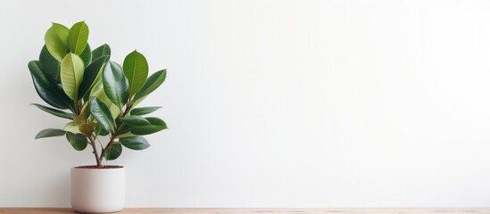 A potted Rubber Plant tree sits on top of a wooden table against a white wall, adding a touch of greenery to the indoor space.