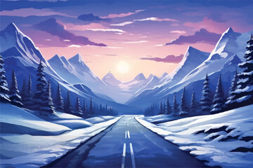 Road across a picturesque scene of snow-capped mountains with illustration background. Winter. Road to snow-capped mountains. On either sides of the road are mountains blanketed in snow. clouds. - obrazy, fototapety, plakaty