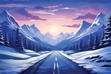 Foto op Canvas Road across a picturesque scene of snow-capped mountains with illustration background. Winter. Road to snow-capped mountains. On either sides of the road are mountains blanketed in snow. clouds. © Usama