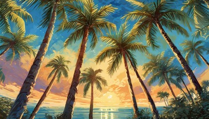Fototapeta na wymiar palm trees on the beach at sunset