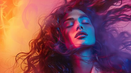 Fototapeta premium Surreal Beauty in Dynamic Neon Lights A woman's portrait bathed in vibrant neon lights, creating a surreal and mesmerizing visual with flowing hair and closed eyes.