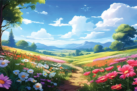 Colorful Flower Field with a Blue Sky. Beautiful field landscape with colorful Flowers and blue sky. Spring flowers and a grassy meadow. vector illustration.                                     