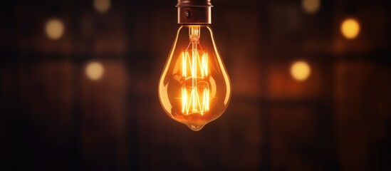 A vintage light bulb emits a warm glow in the darkness, casting light on its surroundings. The filament inside the bulb shines brightly, creating a striking contrast against the black background.