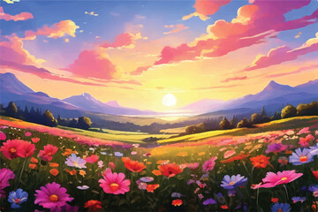 Sunset landscape with flowers, natural beauty. Sunset over a meadow of colorful spring flowers.  Beautiful field landscape with colorful Flowers and Sunset. Vector Illustration. Nature view. 