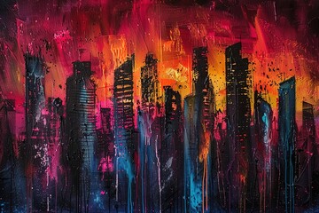 Dystopian city skyline: Towering neon skyscrapers pierce the darkness, their harsh light contrasting the gritty texture of the sprayed paint. 