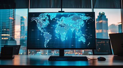 Fototapeta premium 世界地図が映るモニター