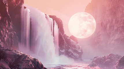 A silver waterfall cascading down the side of a rocky cliff within the light pink circle, its...