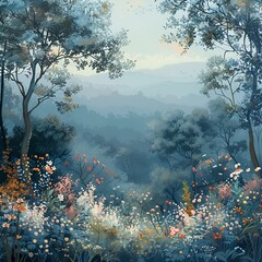 Fototapeta na wymiar An enchanting illustration of a serene landscape, highlighting beautiful flora with a focus on a hidden, mystic part, rich in color and detail 