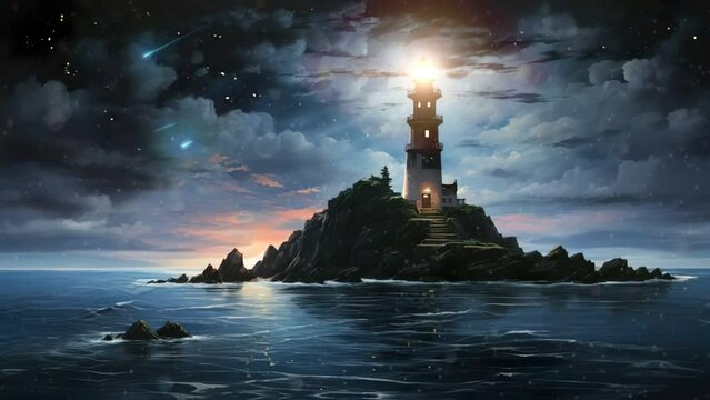 Animated background of lighthouse on the coast of the sea. seamless looping video animation background.	