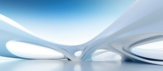 A blue and white abstract background featuring smooth curves and architectural elements. The composition is a blend of blue and white colors creating a visually dynamic and modern design.
