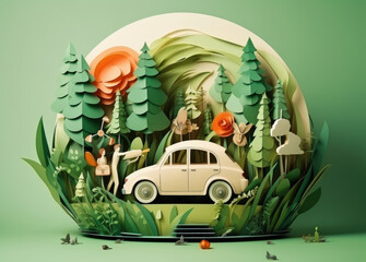 A paper cutout of a car in a forest with people and flowers