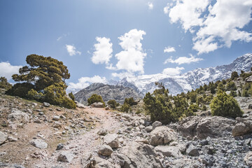 Mountain landscape of the Fan Mountains with rocks, stones and glaciers in Tajikistan, mountain panorama