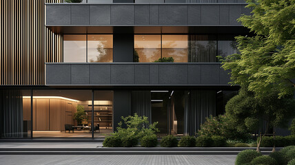 A minimalist building design with a front full view, characterized by a sleek charcoal gray facade that blends seamlessly with the urban landscape.
