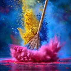 broom with a burs of colourfull dust on a blue background