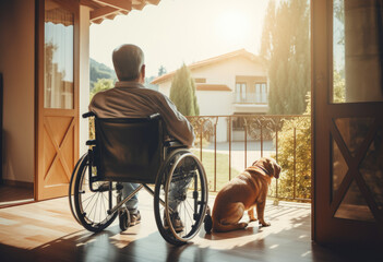 A man in a wheelchair sits on a porch with a dog