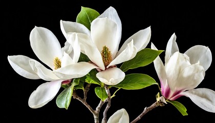 white magnolia flowers isolated on black background