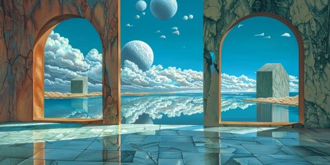 Fantasy Landscape Through Arched Windows