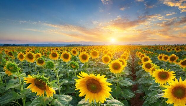 sunflower plantation at sunrise
