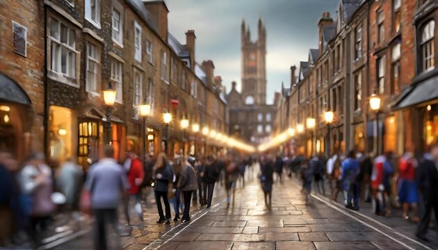 Fototapeta blurred background of crowded street in cambridge uk