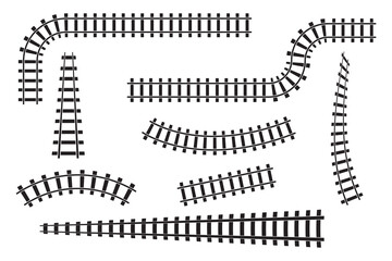 curved railroad isolated on white background. Vector illustration of Straight and curved railway train track icon set. Perspective view railroad train paths