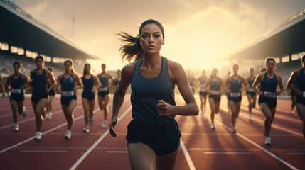 A woman runs on a track with other runners behind her - Powered by Adobe