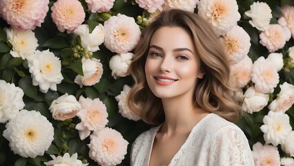 Portrait of a dreamy white woman in front of a wall of blooming flowers, a soft smile on her lips, generative AI