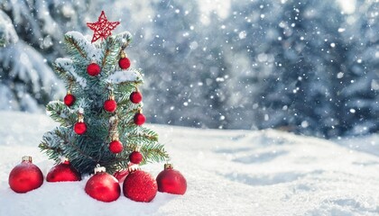 beautiful festive christmas snowy background christmas tree decorated with red balls and knitted toys in forest in snowdrifts in snowfall outdoors banner format copy space