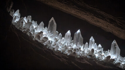 Shiny, transparent crystals inside a cave. Environment. Generative AI