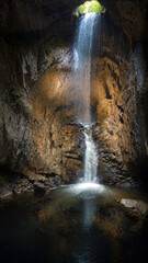 Fototapeta premium Waterfall inside a cave. Environment. Landscape. Ecology. Generative AI