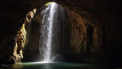 Fototapeta na wymiar Waterfall inside a cave. Environment. Landscape. Ecology. Generative AI