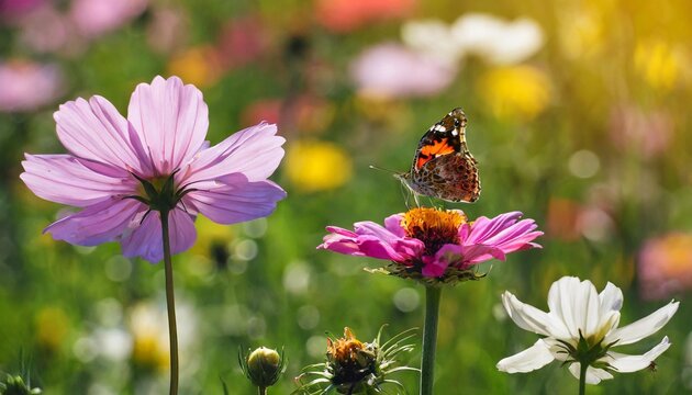 colorful meadow and garden flowers with insects transparent background