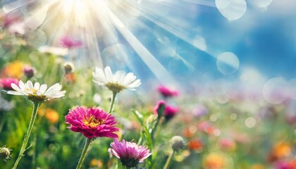 Obraz na płótnie Canvas colorful wild flower meadow with blue sky and sun rays with bokeh lights floral summer background banner with copy space