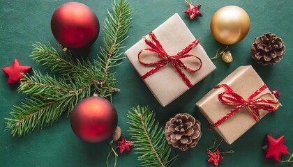 Fototapeta na wymiar christmas gifts and decorations on dark green background flat lay