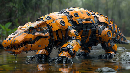 A striking orange robotic crocodile, with intricate mechanical details, is captured emerging from the water in a natural setting.