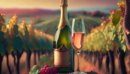 champagne bottle with glass in vineyard illustration