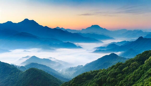 mountain scenery watercolor chinese or japanese blue mountains landscape of foggy mountains in the early morning