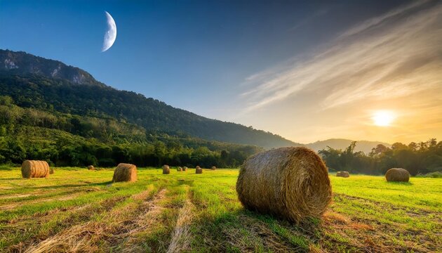 haystacks on the agricultural field near the forest at the foot of the mountain with sun and moon at twilight day and night time change concept dramatic countryside scenery in morning light