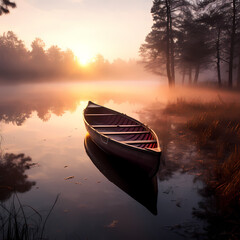 A lone boat on a misty lake at sunrise.