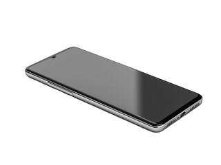 A phone with a black screen sits on a white background
