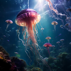 A surreal underwater scene with floating jellyfish