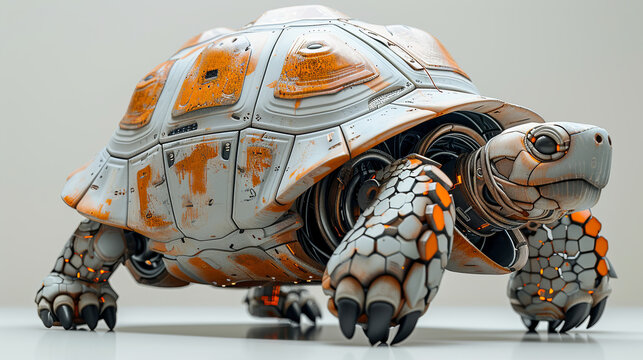 A high-tech turtle with a large metal shell and head, designed with futuristic orange and white colors.