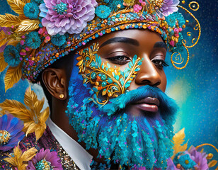 Ilustração do rosto de um homem com barba azul e comprida, cheia de flores.