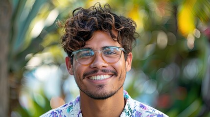Portrait, Hispanic young man, wearing eyeglasses and curly hair, smiling face expression.