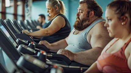 Overweight people do exercise on the treadmill in the gym. - obrazy, fototapety, plakaty